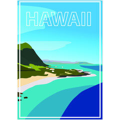 Hawaii vector travel illustration in colorful background. Summer beach resort template