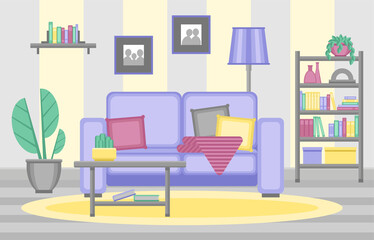 Living room interior. A sofa with pillows and a blanket, a coffee table, a bookcase and potted plants. Flat design. Vector illustration.
