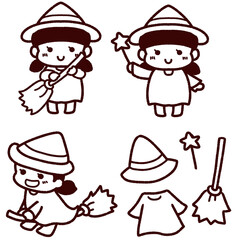 かわいい魔女の女の子セット　ぬりえ　線画