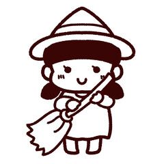 ほうきを持ったかわいい魔女　ぬりえ　線画