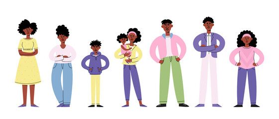 Vector illustration of standing afro american men, women and kids