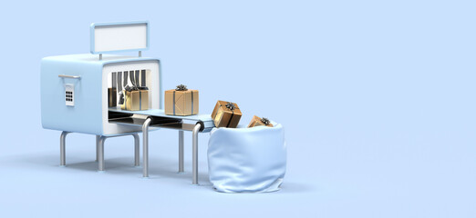 machine qui fabrique des cadeaux de Noël, fond bleu