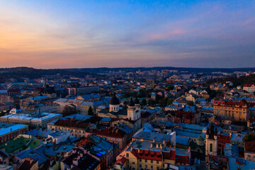 Fototapeta na wymiar Aerial view of historic center of Lviv, Ukraine. Lvov cityscape. View from Lviv Town Hall