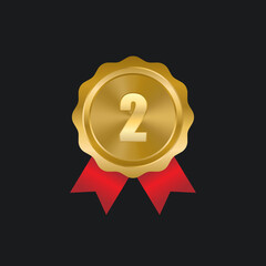 Gold Medal Vector. Round Championship Label. Competition Challenge Award. Red Ribbon. Isolated On White. Realistic illustration.