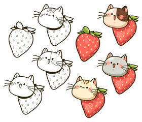 Cartoon cute face cat with strawberry on white background doodle color image style, Vector illustration. 