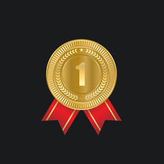 Gold Medal Vector. Round Championship Label. Competition Challenge Award. Red Ribbon. Isolated On White. Realistic illustration.