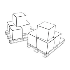 Cargo pallet for warehouse with stacked goods cardboard boxes. Logistics shipping concept. Wireframe low poly mesh vector illustration.