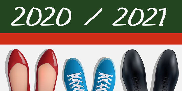 Concept de la rentrée des classes de 2021 face à la crise sanitaire du COVID-19, avec pour symbole, les chaussures vues du dessus de deux enseignants et d’un élève devant la ligne de départ.