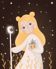magic girl with yellow hair on a dark background. postcard