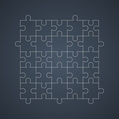 Outline puzzle net isolated on dark background. Jigsaw cutting scheme square template. Puzzle pieces collected correctly. Solution concept. Mobile app puzzle game template.