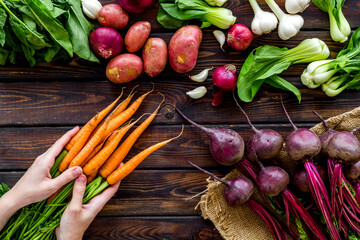 Flat lay of fresh vegetables and greenery - carrot in hands - on wooden table