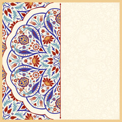 Template greeting card, invitation and advertising banner, brochure with floral hand drawn Mandala. Round colorful floral ornament with turkish motif. Traditional Oriental pattern. Vector illustration © psk55