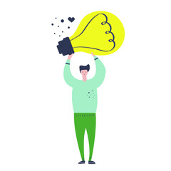 Man holding big bulb in his hands. Idea concept. Flat vector illustration.