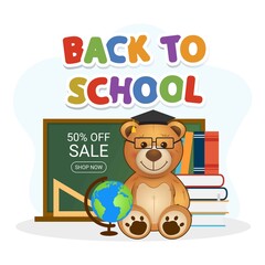 Obraz premium Education illustration. Back to school. Cute teddy bear with books, globe and chalkboard. Sale banner