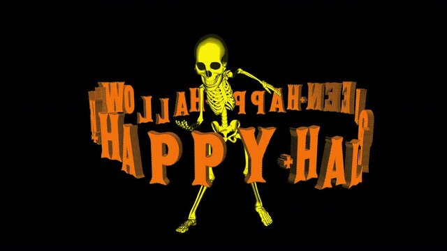 Seamless funny animation of dancing skeleton with Halloween text in halftone style isolated with alpha channel.Zine culture video loop with a trendy cool comic look special for clubs and parties.