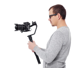 side view of professional videographer using dslr camera on gimbal stabilizer isolated on white © Di Studio