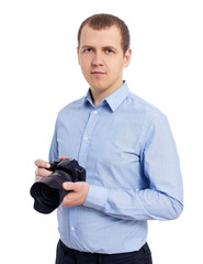 portrait of male photographer or videographer with modern dslr camera isolated on white