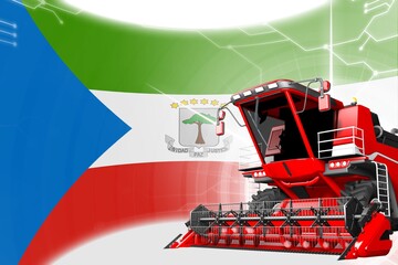 Agriculture innovation concept, red advanced rye combine harvester on Equatorial Guinea flag - digital industrial 3D illustration