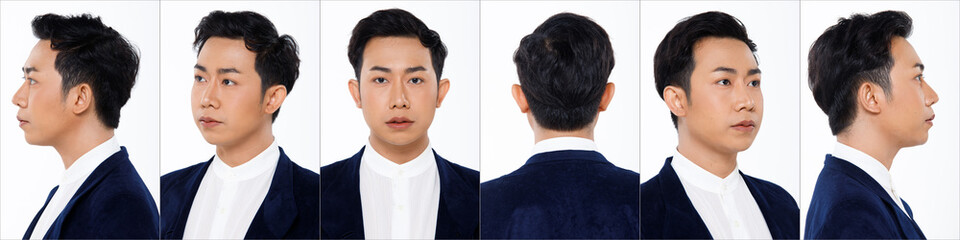 Asian Man 20s blue suit difference poses white background isolated