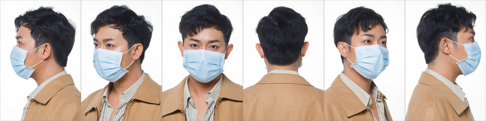 Asian Man white background isolated put surgical mask protect covid-19