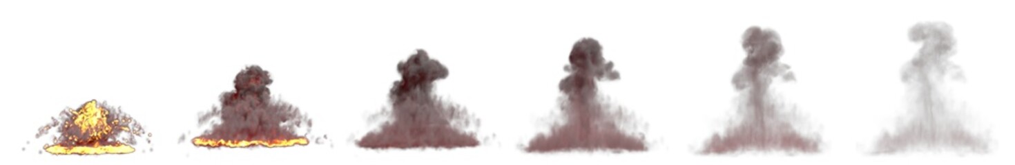 a lot images of huge bomb explosion mushroom cloud with fire and flames isolated on white background - 3D illustration of objects