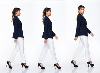 Obraz premium Asian woman 20s blue business suit jacket white background isolated