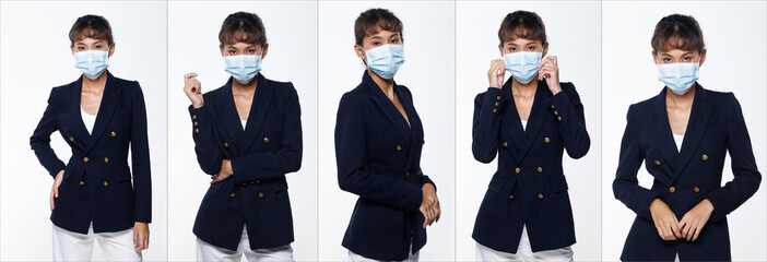 Asian woman white background isolated put surgical mask protect covid
