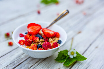 Muesli with fresh berries and yogurt.