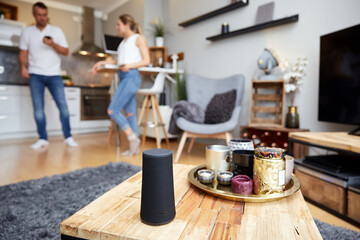 Smart Speaker By Candles Against Couple In Apartment