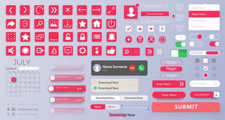 Modern flat design ui, ux, kit for mobile applications and websites. Universal user interface template with responsive design, tools and buttons. Flat icons, buttons with menu, progress bar and social