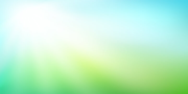 Abstract green blurred gradient background. Nature backdrop with sunlight rays. Vector illustration. Ecology concept for your graphic design, banner or poster.