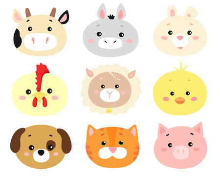 Collection of farm animals such as cow, donkey, rabbit, chicken, sheep, chick, dog, cat, pig. Set of colorful animal faces. Isolated on white background. For design,web, graphic. Livestock.