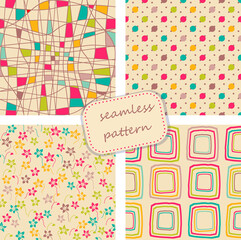 collection of 4 vintage colorful seamless patterns