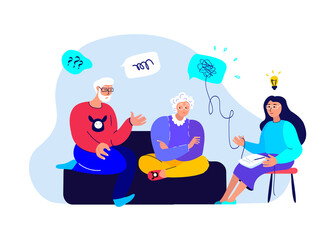 Psychotherapy Practice,Psychiatrist Consultation.Worried Old Retired Pensioner Couple, Man, Woman on Psychologist Session.Difficult Relationships.Family Crisis Treatment.Psychology Vector Illustration