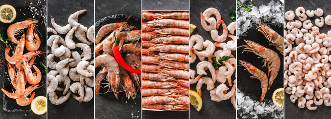 Food collage of various fresh raw prawns, red shrimps with ice and spices on dark stone background....