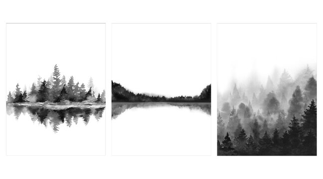 Minimalist monochrome landscapes. Foggy black forest. Design for poster, calendar, wallpaper, card, postcard, mural. Watercolour illustration isolated on white background.