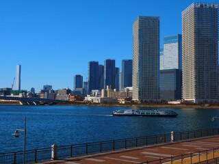 Fototapeta na wymiar Harumioohashi bridge with cruise ship distant view