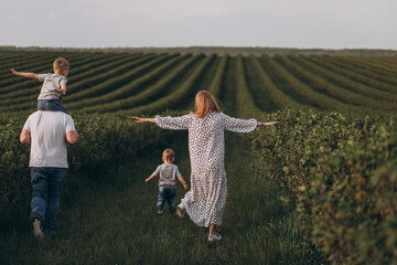 Big young happy family in the field on the nature. Mom, dad and 2 sons are having fun, running, fooling around together. Happiness and smiles around