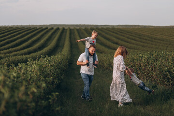 Big young happy family in the field on the nature. Mom, dad and 2 sons are having fun, running, fooling around together. Happiness and smiles around