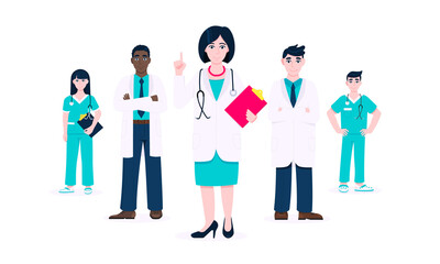 Successful doctors team of medical employee vector illustration isolated on white background. Hospital or medic clinic staff doctor, surgeon, nurse standing up with equipment.