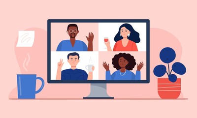 Video conference with friends at home. Stream, web chatting, online party, or online meeting concepts. Workplace, quarantine isolation. Trendy flat vector illustration.