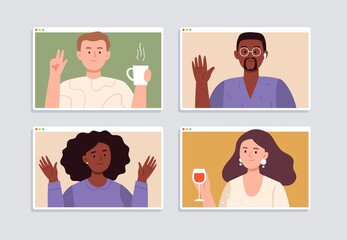 Online party with friends at home. Happy women and men meet online on quarantine. Stream, web chatting, video conference, or online meeting concepts. Trendy flat vector illustration.