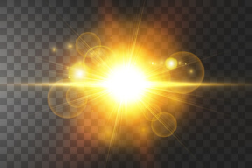 Fototapeta premium Shining golden stars isolated on black background. Effects, glare, lines, glitter, explosion, golden light. Vector illustration.