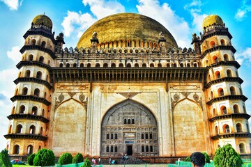 The front view of bijapur world famous Gol gumbaz. The colorful image of the monument . It has huge...