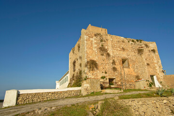 Fototapeta na wymiar Torre fortificada (s.XVI).Santuario de la Verge de El Toro. Es Mercadal.Menorca.Reserva de la Bioesfera.Illes Balears.España.