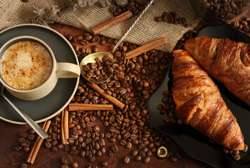Coffee still life with cinnamon and croissants in retro style