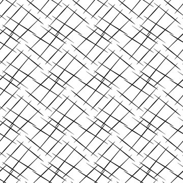 Vector hand drawn diagonal scribbled grunge lines in criss cross design. Seamless texture weave pattern background. Abstract black and white geometric grid repeat. Hatchwork all over print