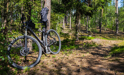 Fototapeta na wymiar Bicycle in the forest - backpack on a bike. Bicycle and backpack.
