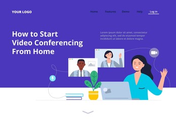 A woman speaks on the laptop with colleagues. Videoconferencing, online chat, and online meeting workspace. Landing page design template. Trendy flat vector illustration.
