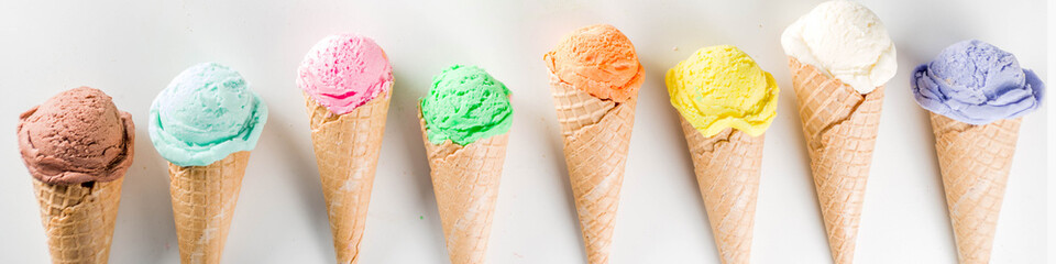 Colorful pastel ice cream with waffle cones